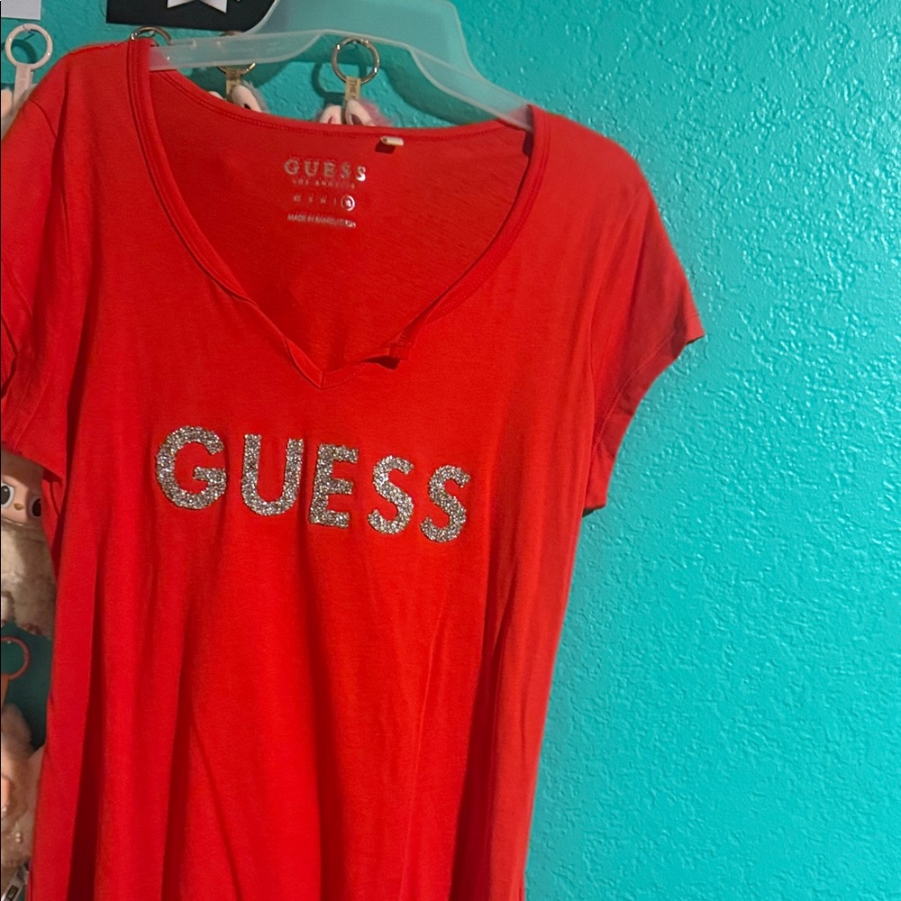 Guess Women's Vibrant Red Tee with Silver Logo